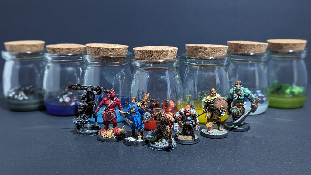 TTRPG character miniature in a bottle